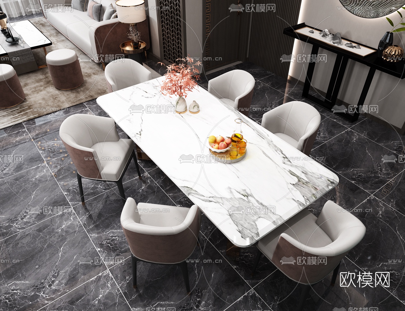 新中式轻奢客厅餐厅3d模型