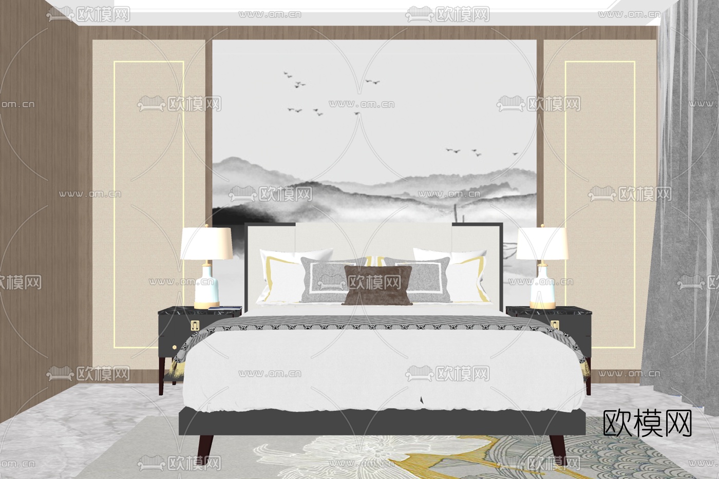 现代布艺双人床su模型下载