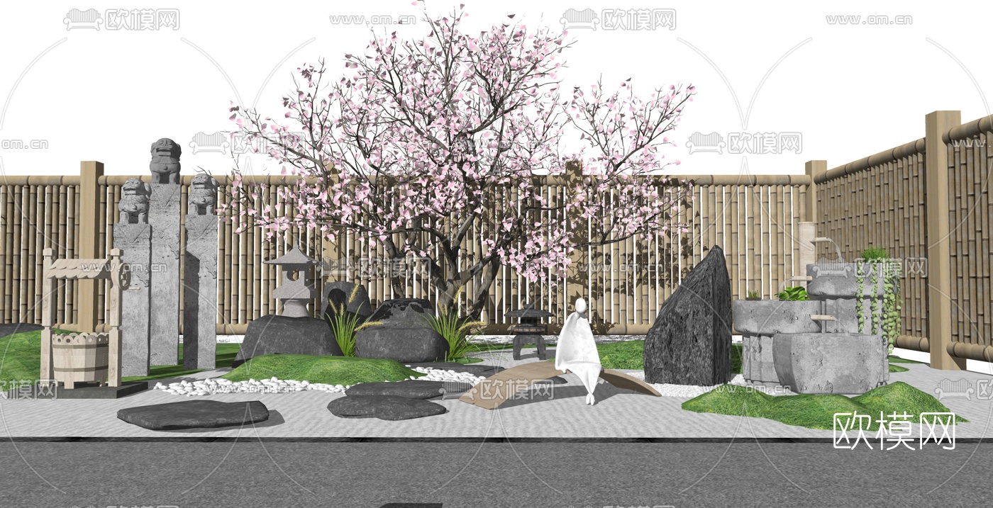 日式枯山水庭院景观su模型下载（渲染图2）