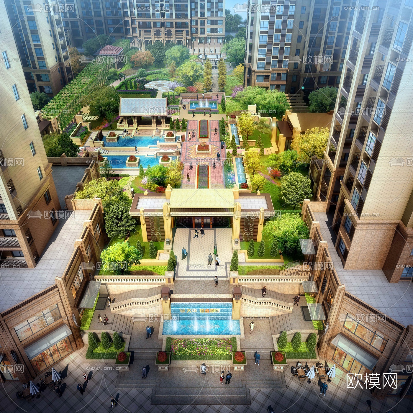 现代住宅小区景观鸟瞰3d模型