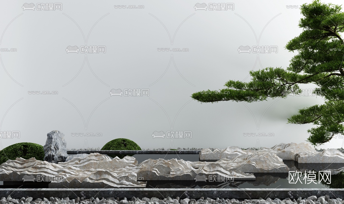新中式山石树木园艺小品3d模型