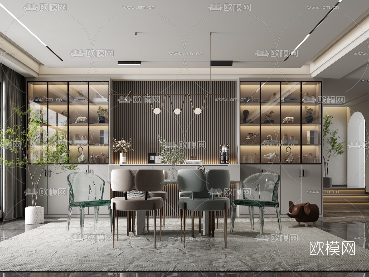 现代条形餐桌椅3d模型