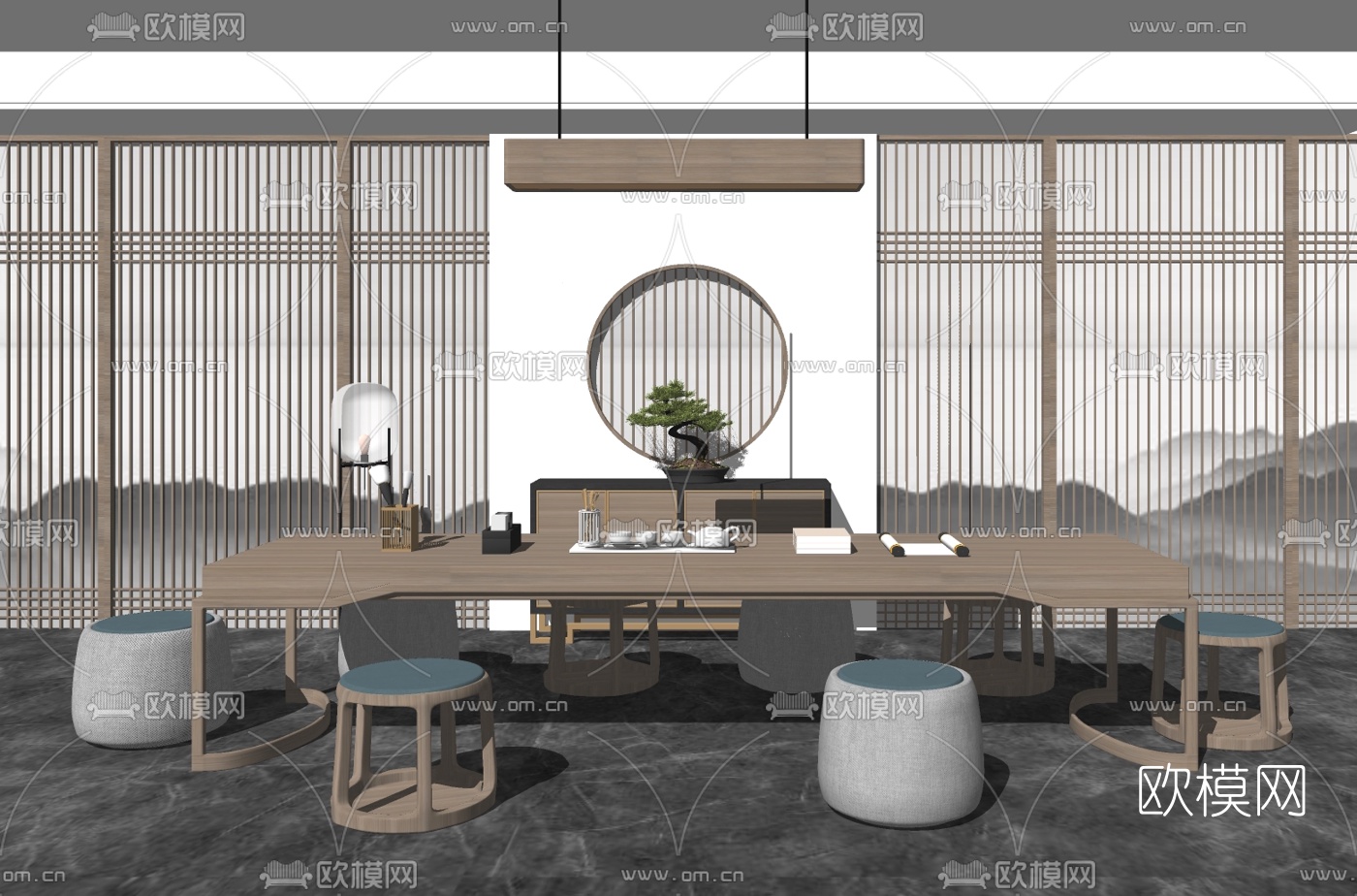 新中式茶桌椅su模型下载