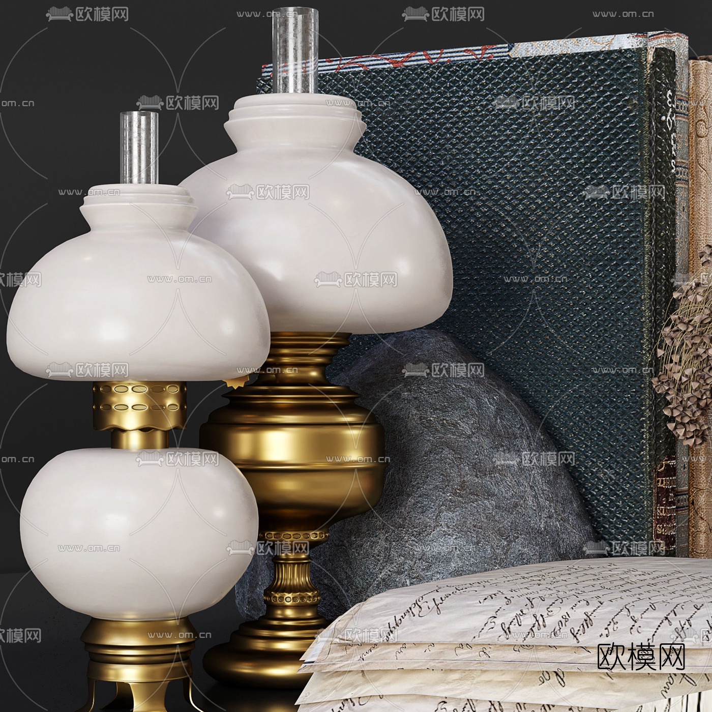 简欧复古花瓶花艺摆钟书籍摆件3d模型下载（渲染图2）