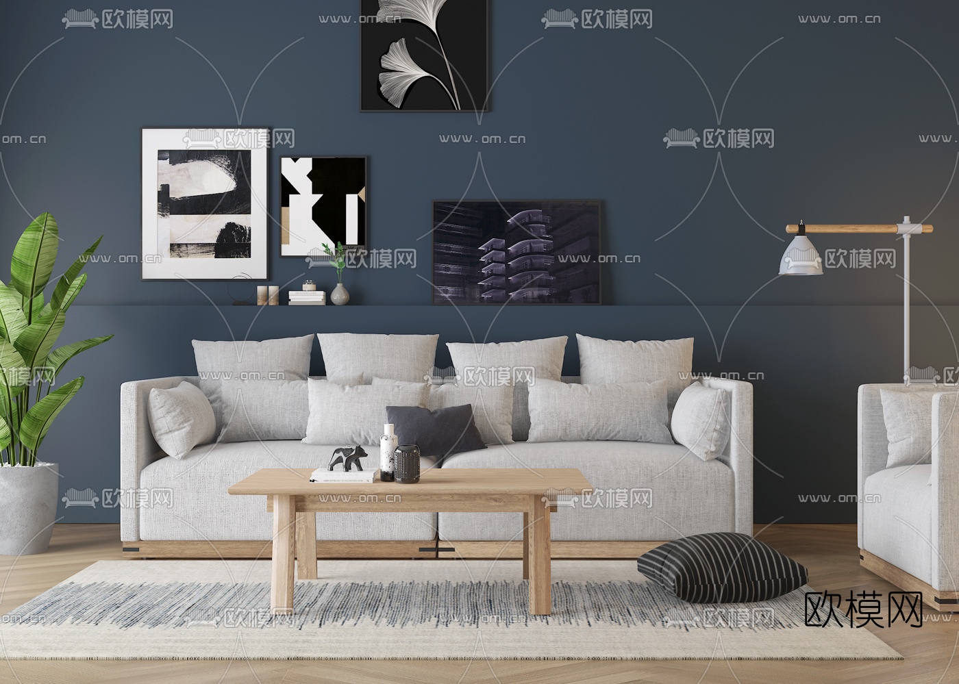 北欧布艺双人沙发组合3d模型