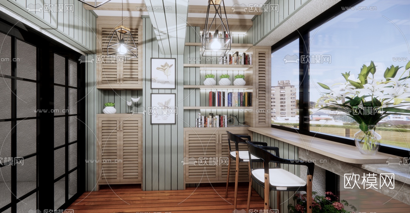北欧阳台书吧su模型下载（渲染图2）
