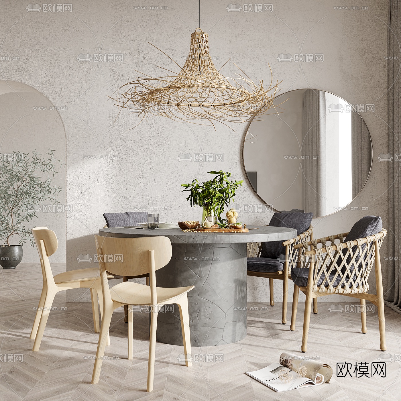 自然风圆形餐桌椅3d模型下载