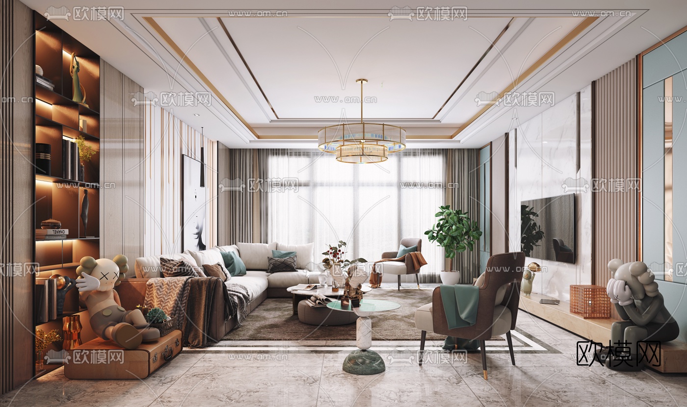 现代轻奢客厅3d模型下载（渲染图1）