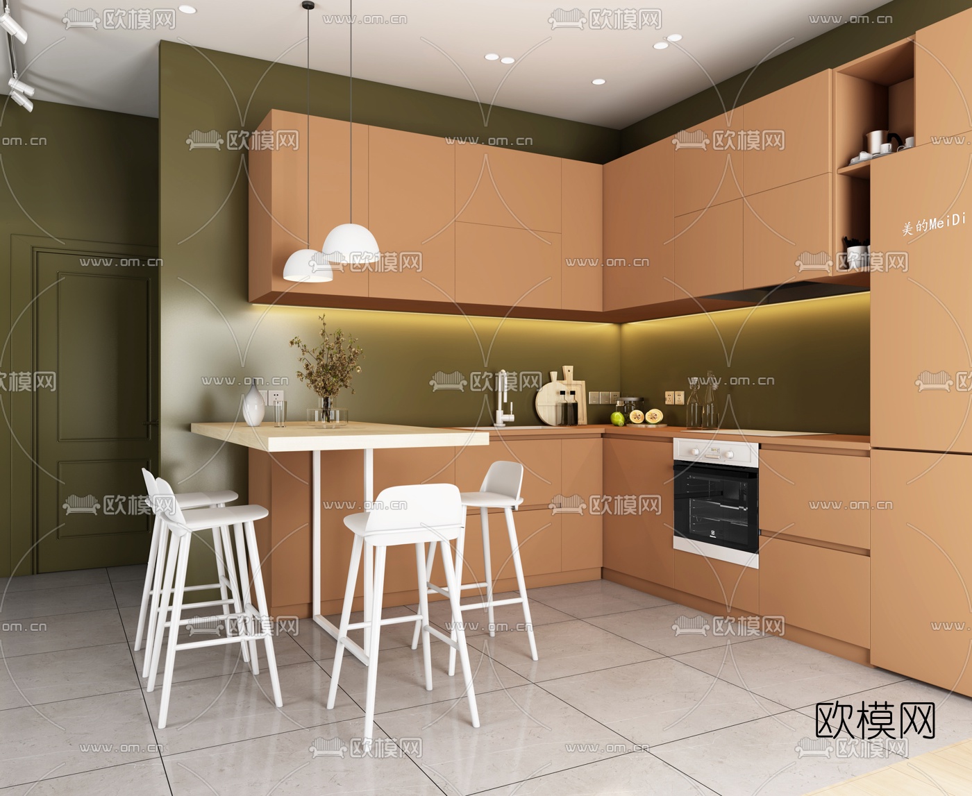 北欧橱柜吧台3d模型下载（渲染图1）