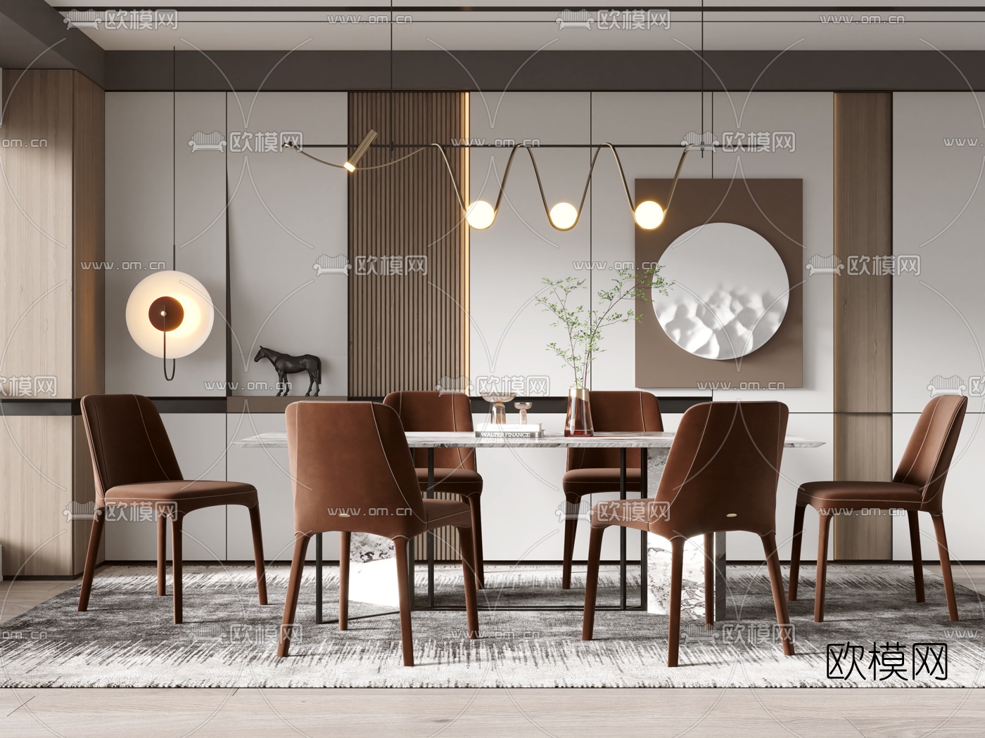 现代大理石条形餐桌椅3d模型下载