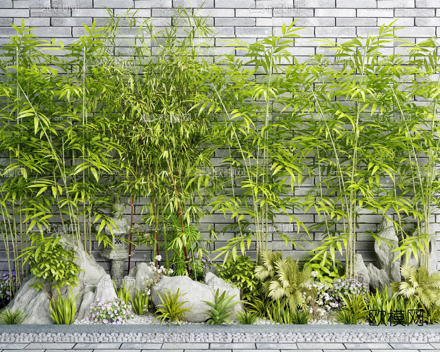 新中式假山竹子景观小品3d模型下载