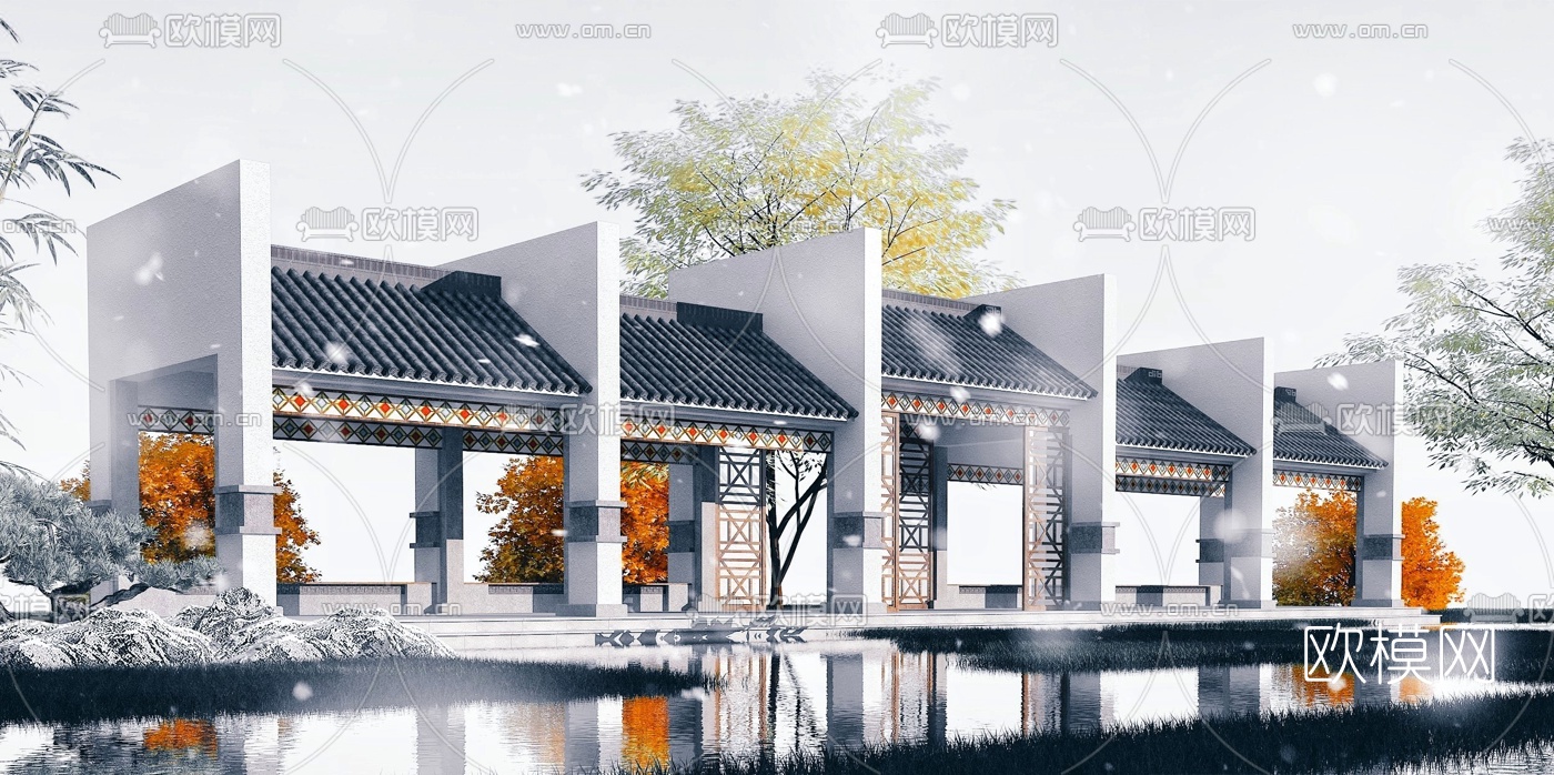 中式休闲长廊廊架3d模型下载