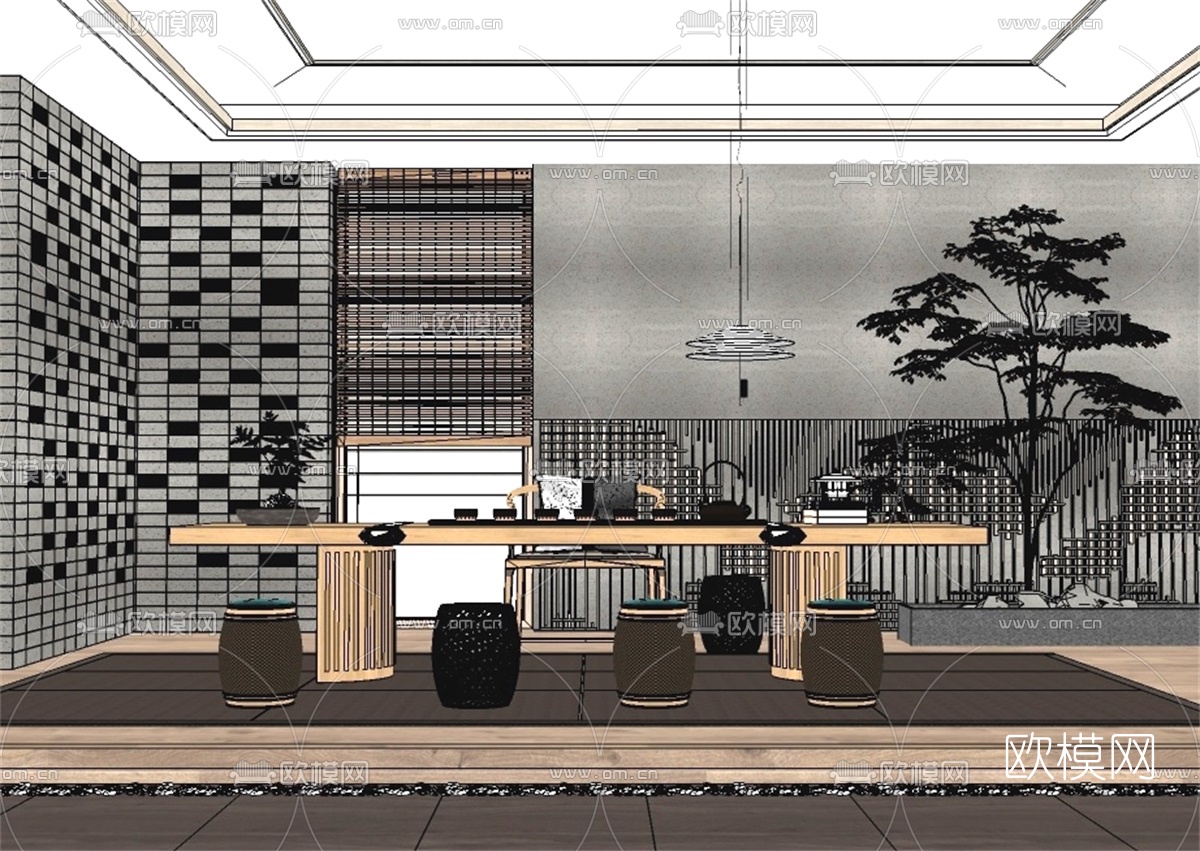 新中式茶室su模型