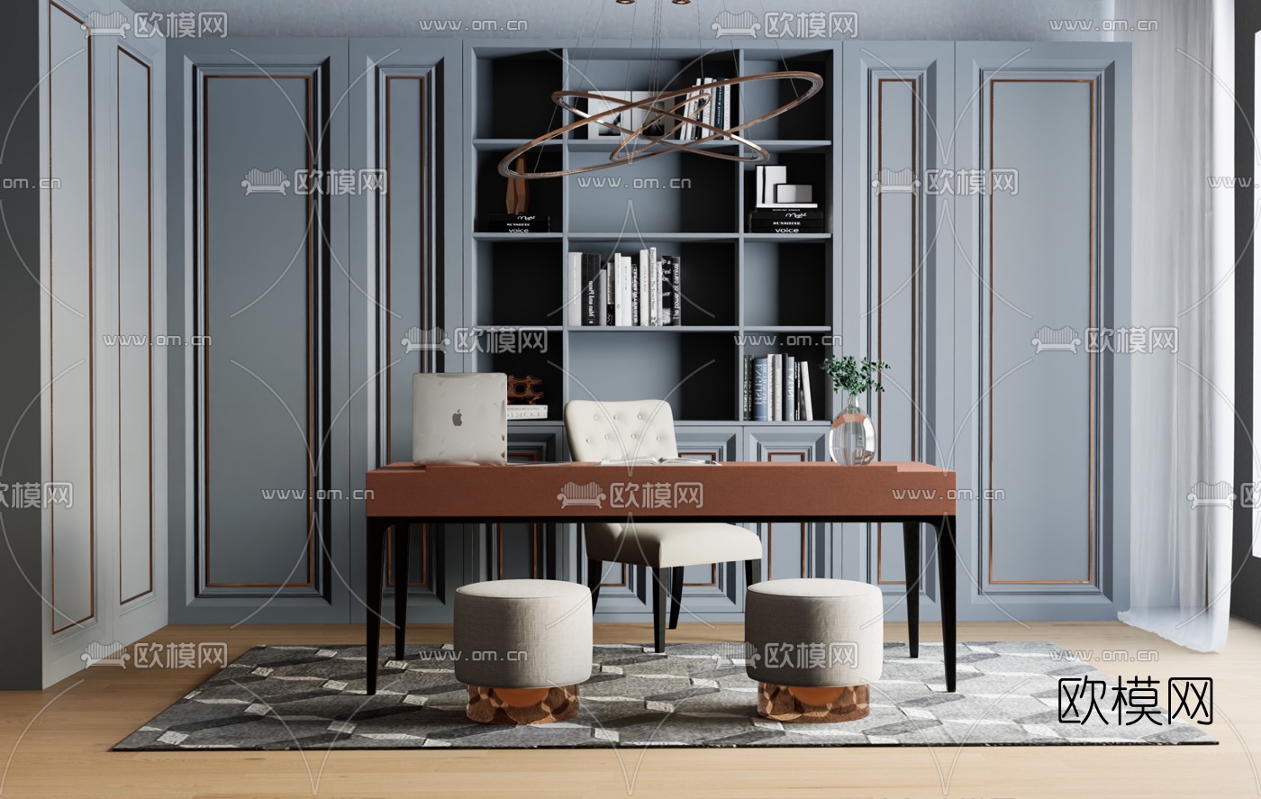 简欧书房su模型下载（渲染图2）