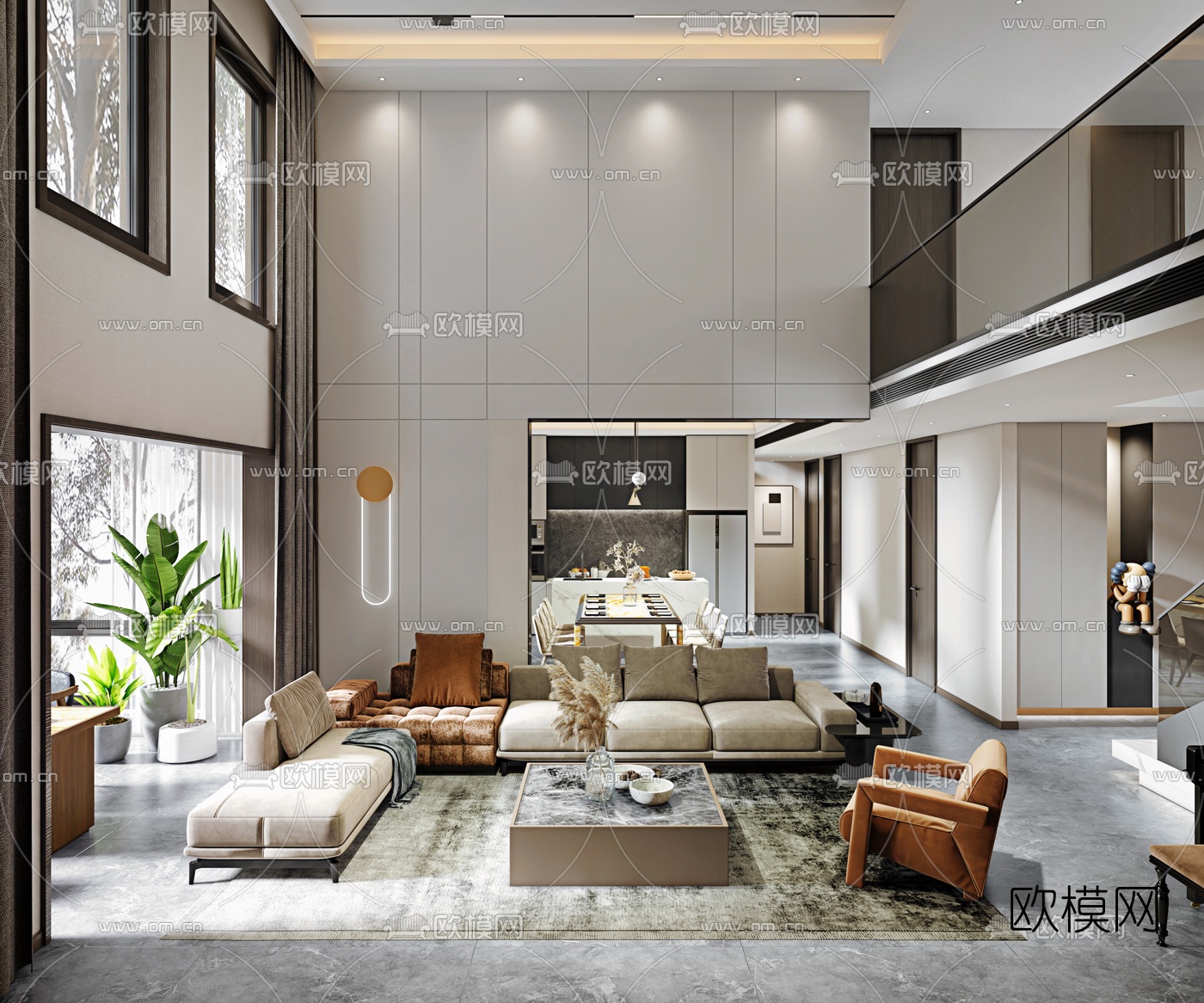 现代简约别墅客厅餐厅3d模型
