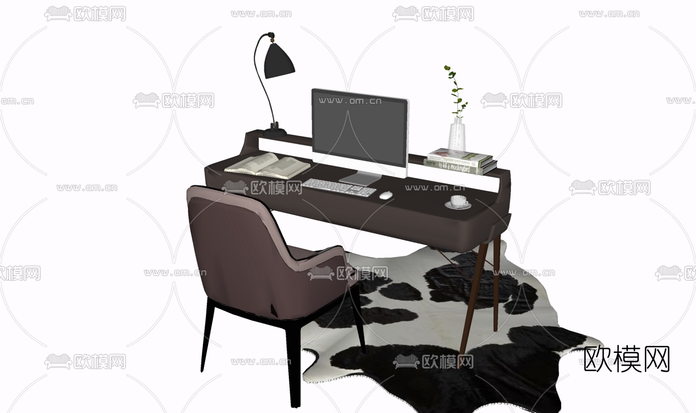 现代实木书桌椅免费su模型