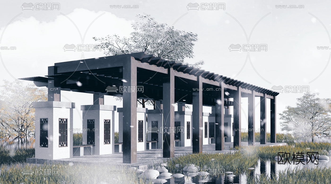 新中式景观长廊3d模型下载