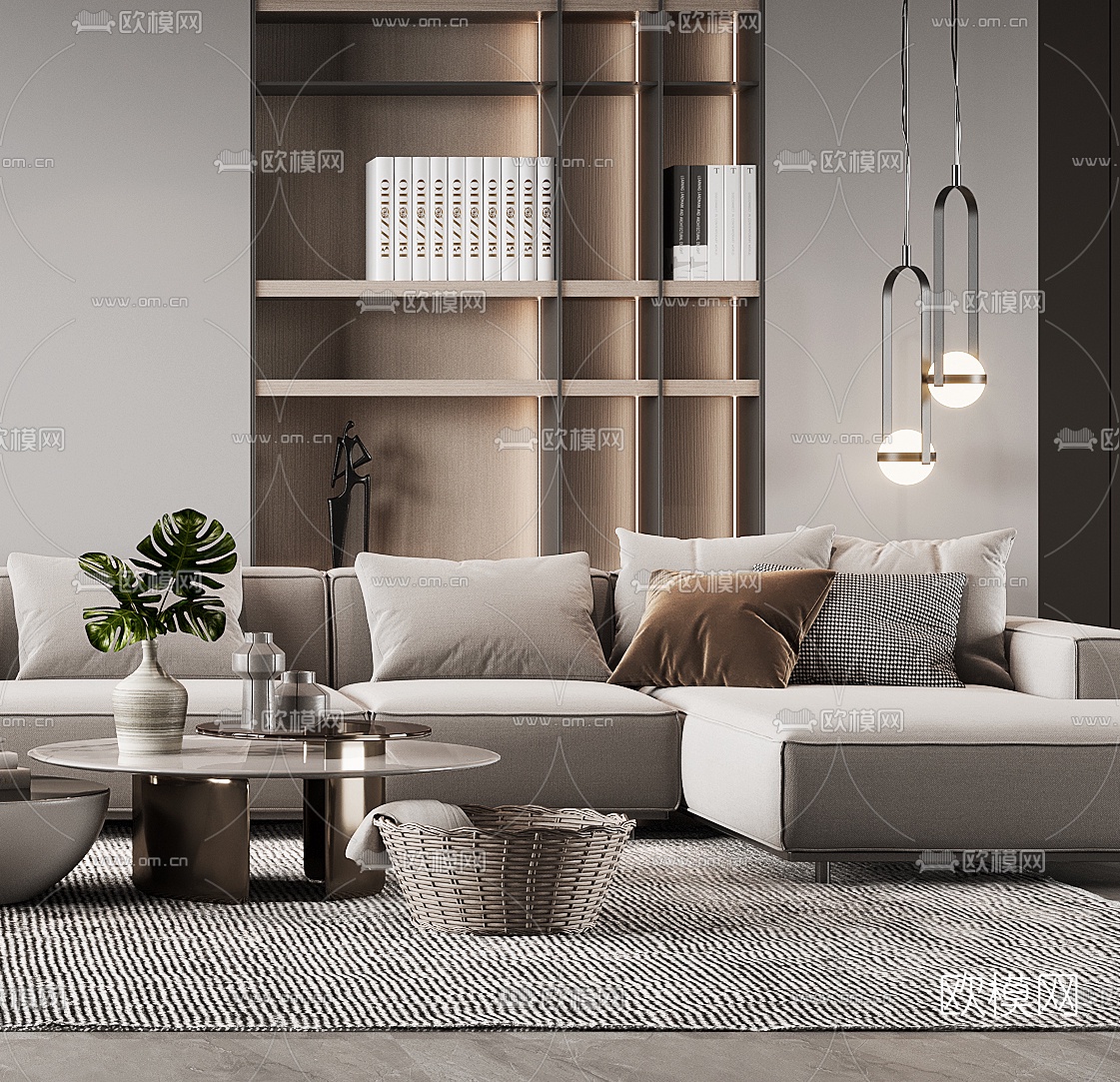 现代布艺转角沙发组合3d模型下载（渲染图3）