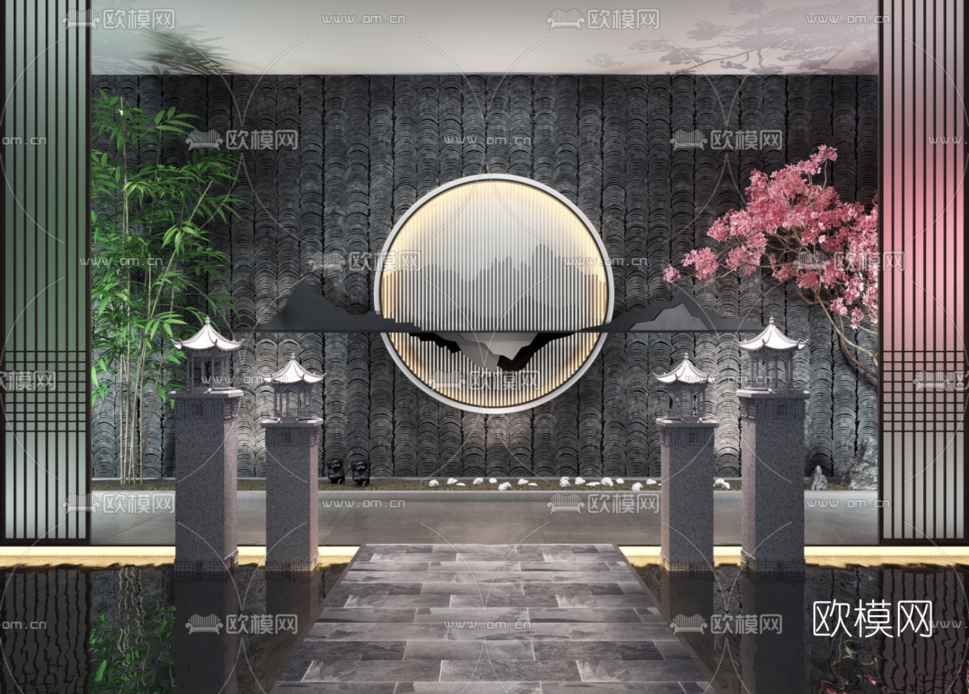 新中式雕塑竹子园艺小品3d模型下载（渲染图1）