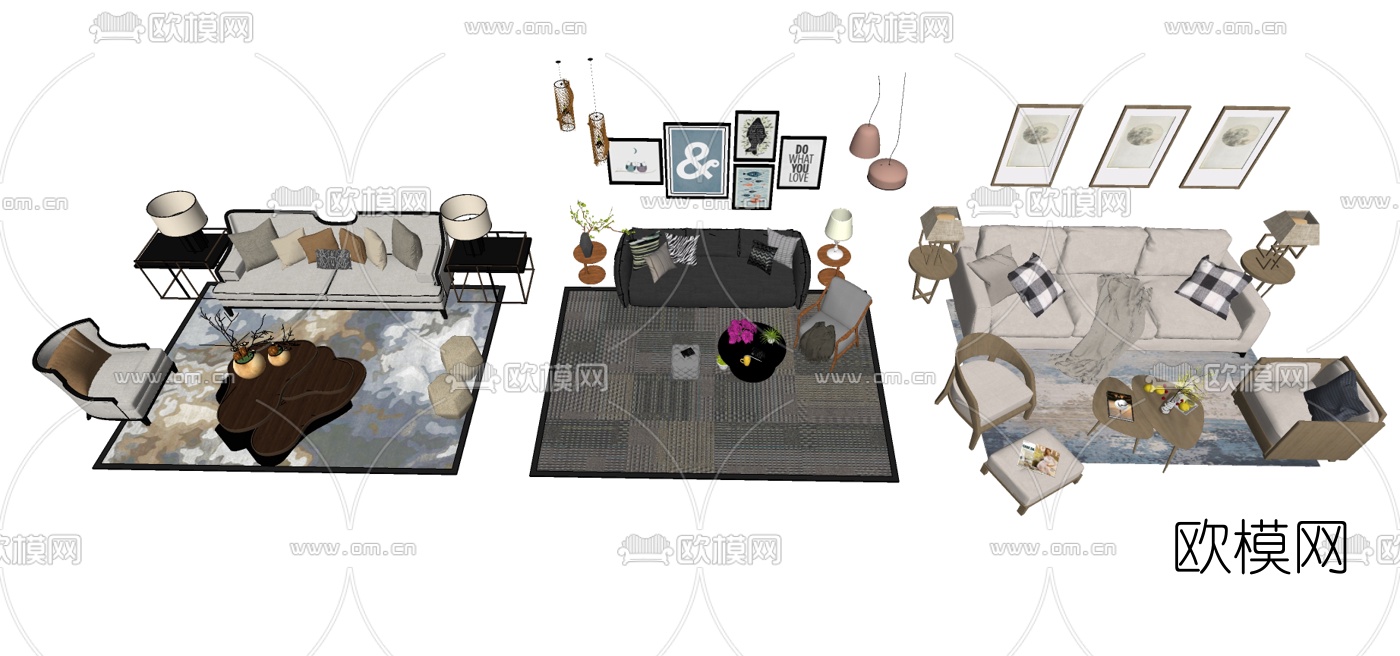 新中式布艺组合沙发su模型下载（渲染图3）