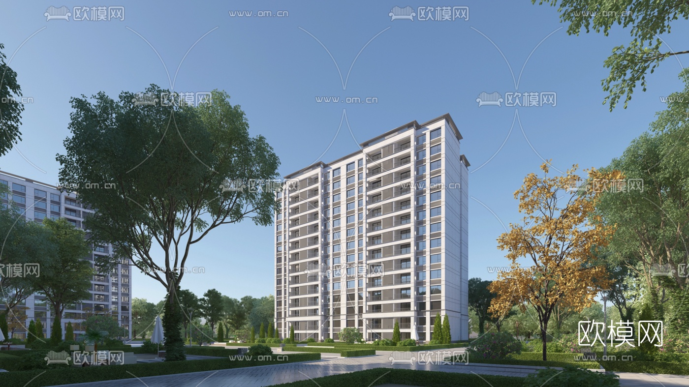 现代高层住宅楼建筑外观3d模型下载