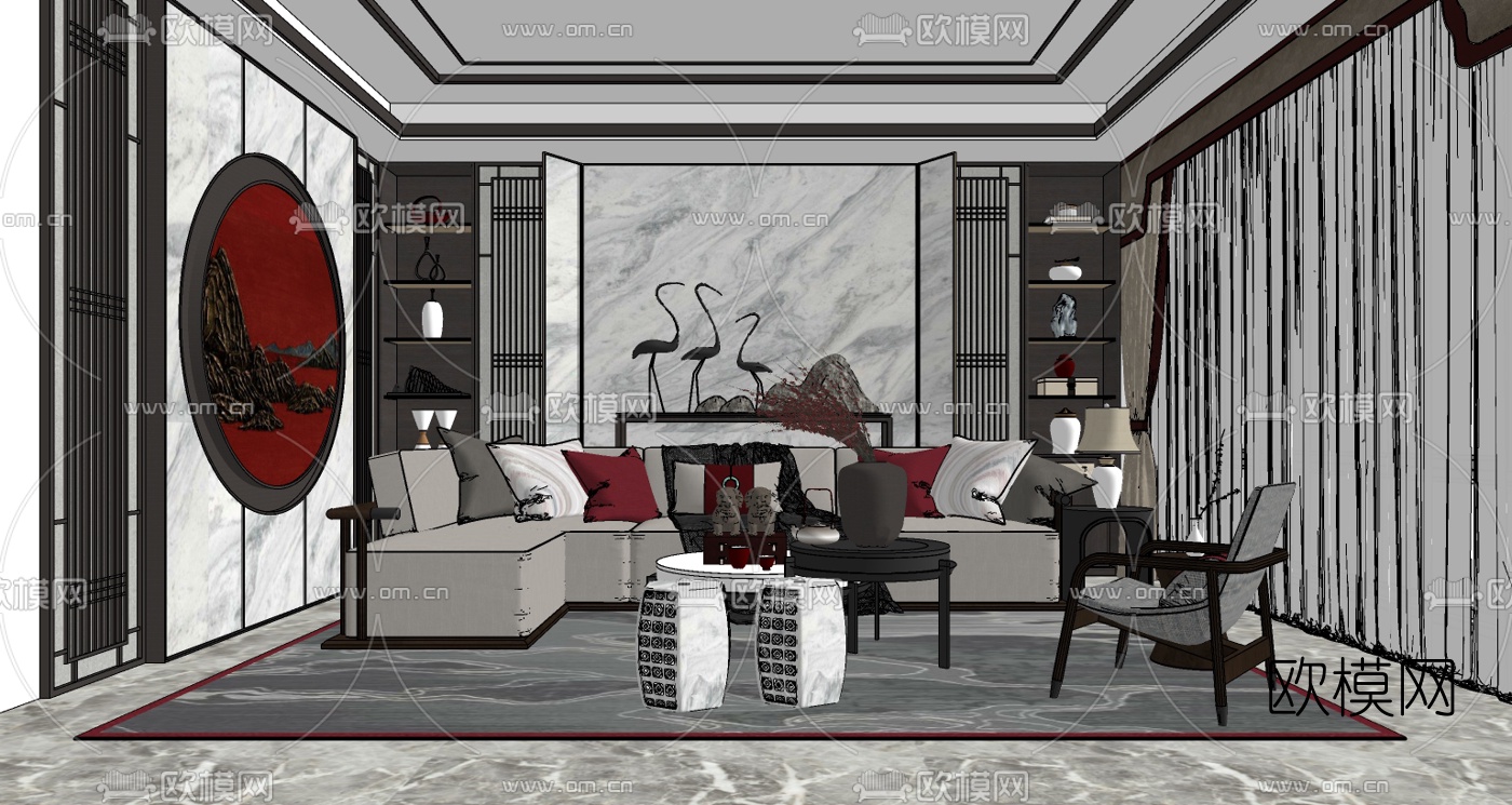 中式转角沙发组合su模型下载