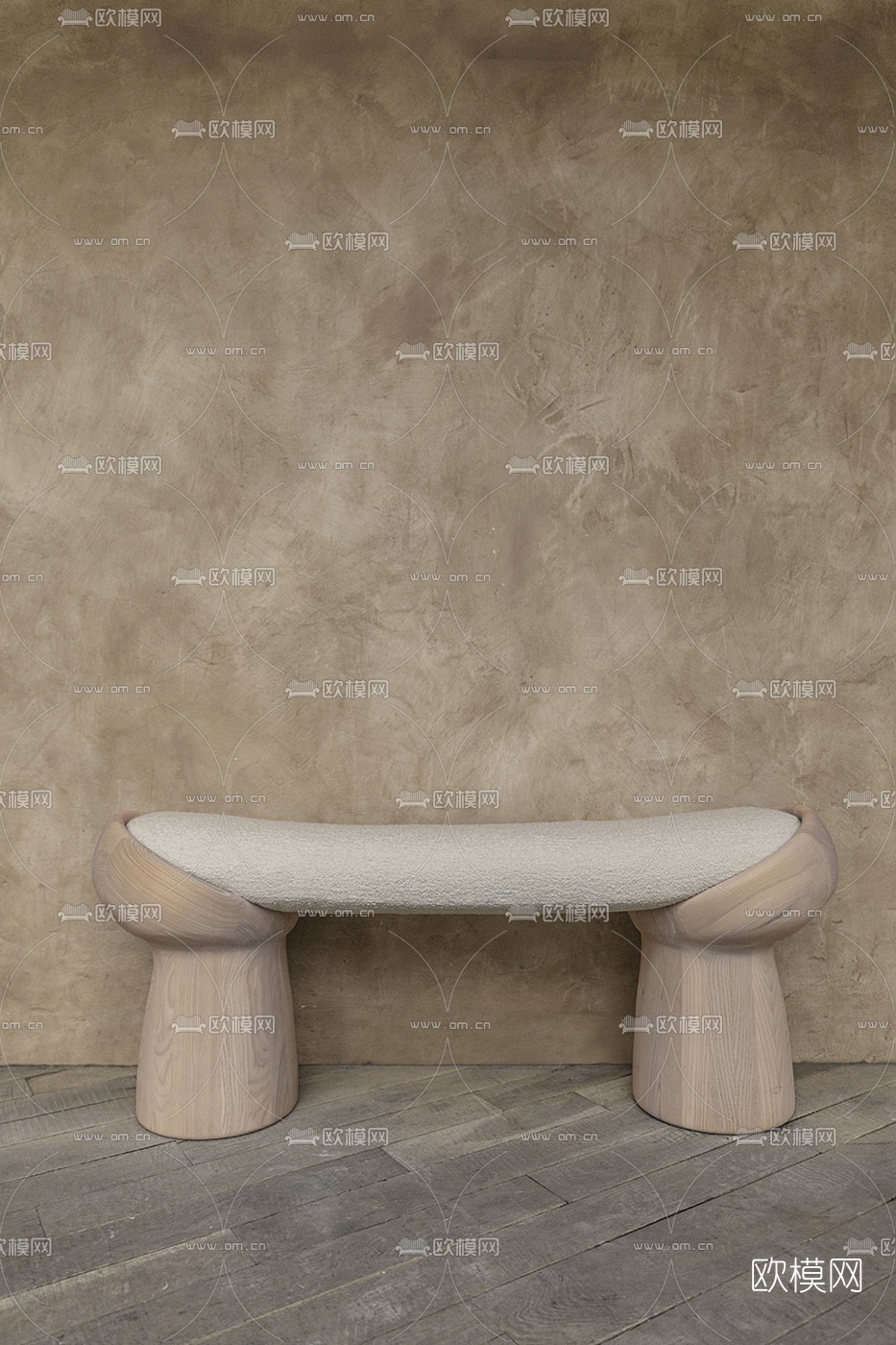 现代木质布艺长凳3d模型下载（渲染图1）