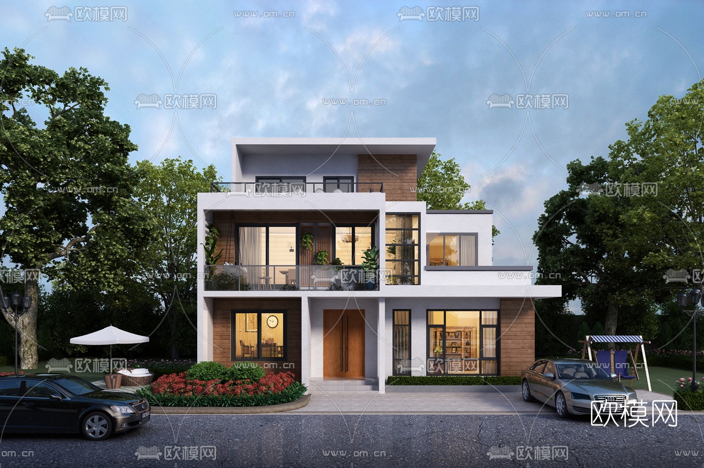 现代独栋别墅外观3d模型下载（渲染图1）