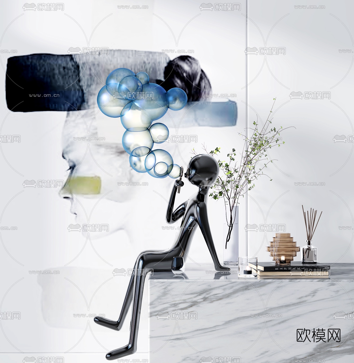 现代吹泡泡人物雕塑摆件3d模型下载