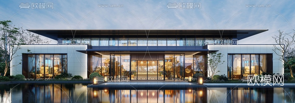 新中式售楼处外观夜景3d模型下载