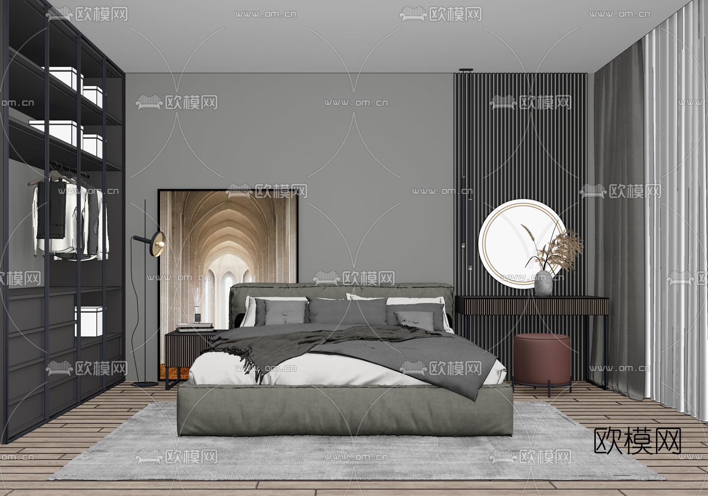 现代布艺双人床su模型下载（渲染图2）