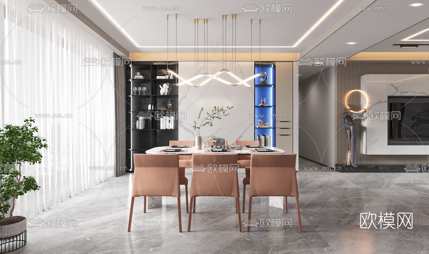 现代轻奢客厅餐厅3d模型下载（渲染图3）