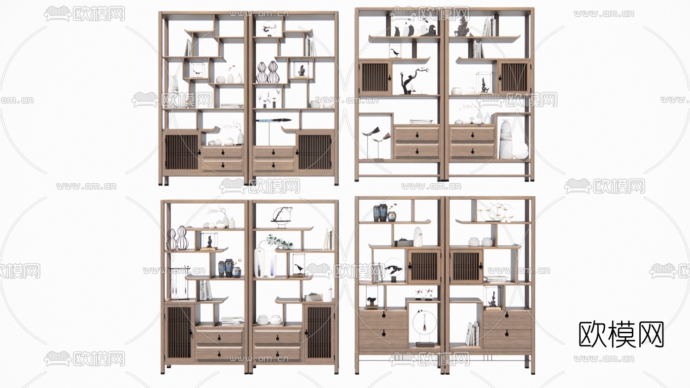 新中式实木博古架su模型下载（渲染图1）