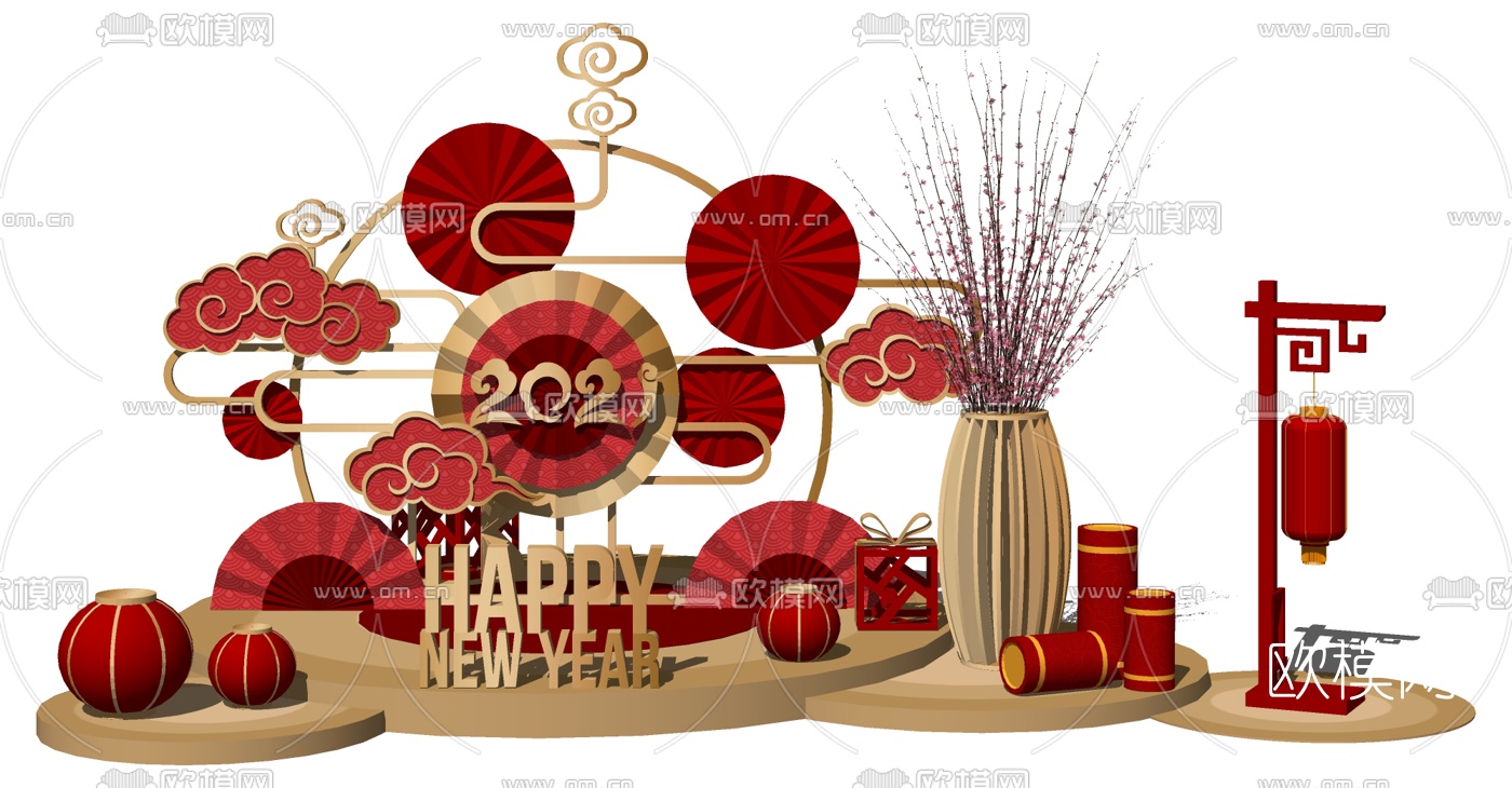 新中式美陈舞台祥云灯笼su模型下载