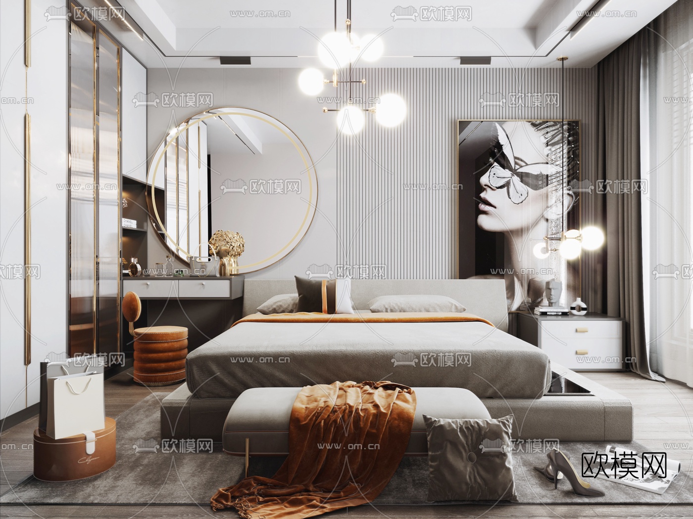 现代轻奢卧室3d模型-免费3dmax模型库-欧模网