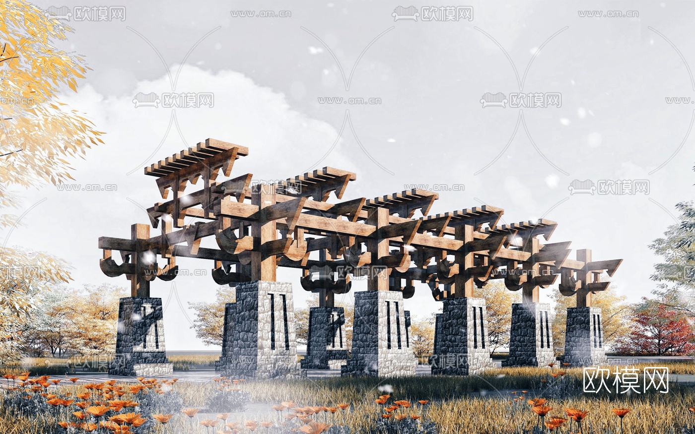 东南亚傣式廊架3d模型下载