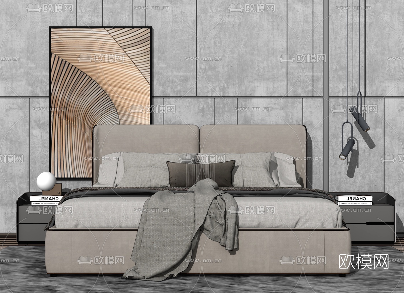 现代布艺双人床su模型下载（渲染图2）