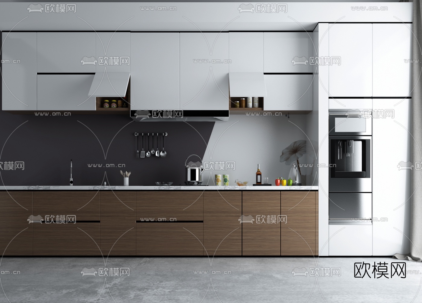 现代厨房橱柜冰箱3d模型下载
