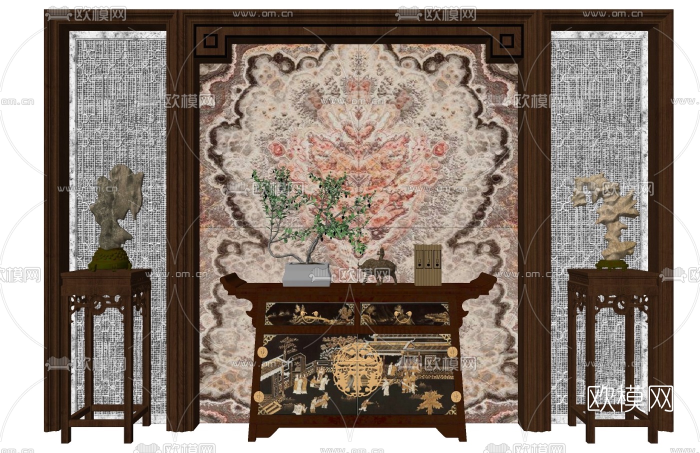 新中式雕花玄关柜su模型下载