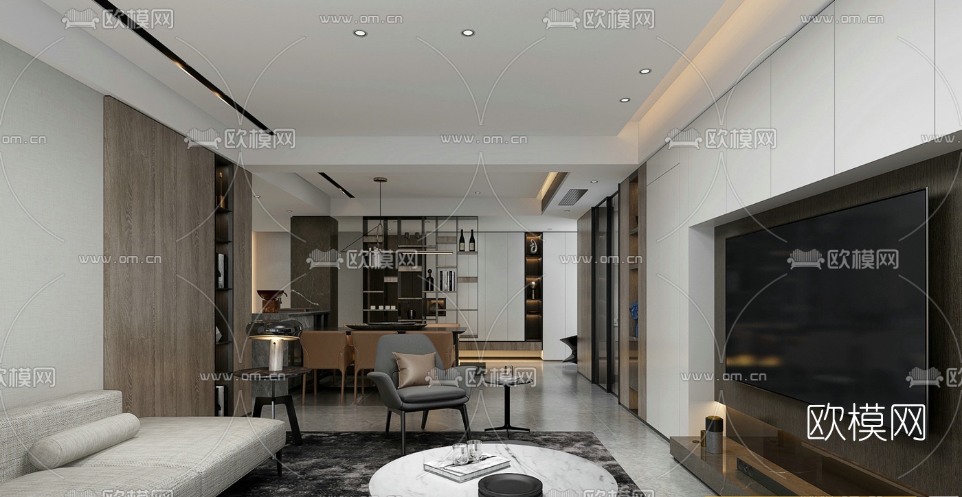 现代客厅餐厅免费3d模型下载（渲染图2）