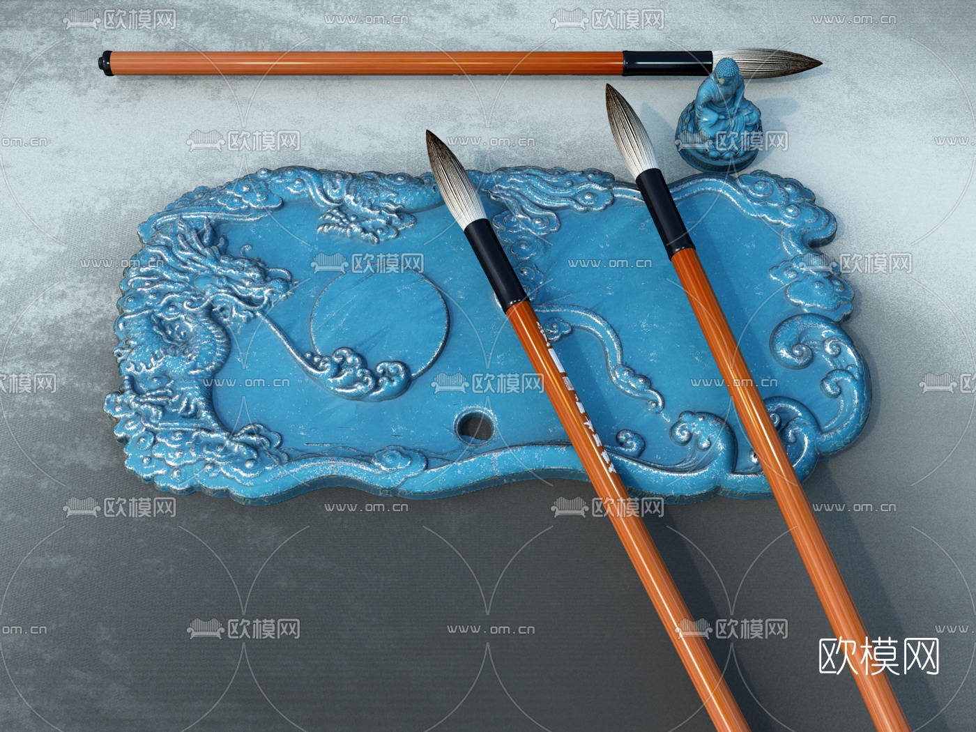 新中式砚台毛笔3d模型下载（渲染图1）