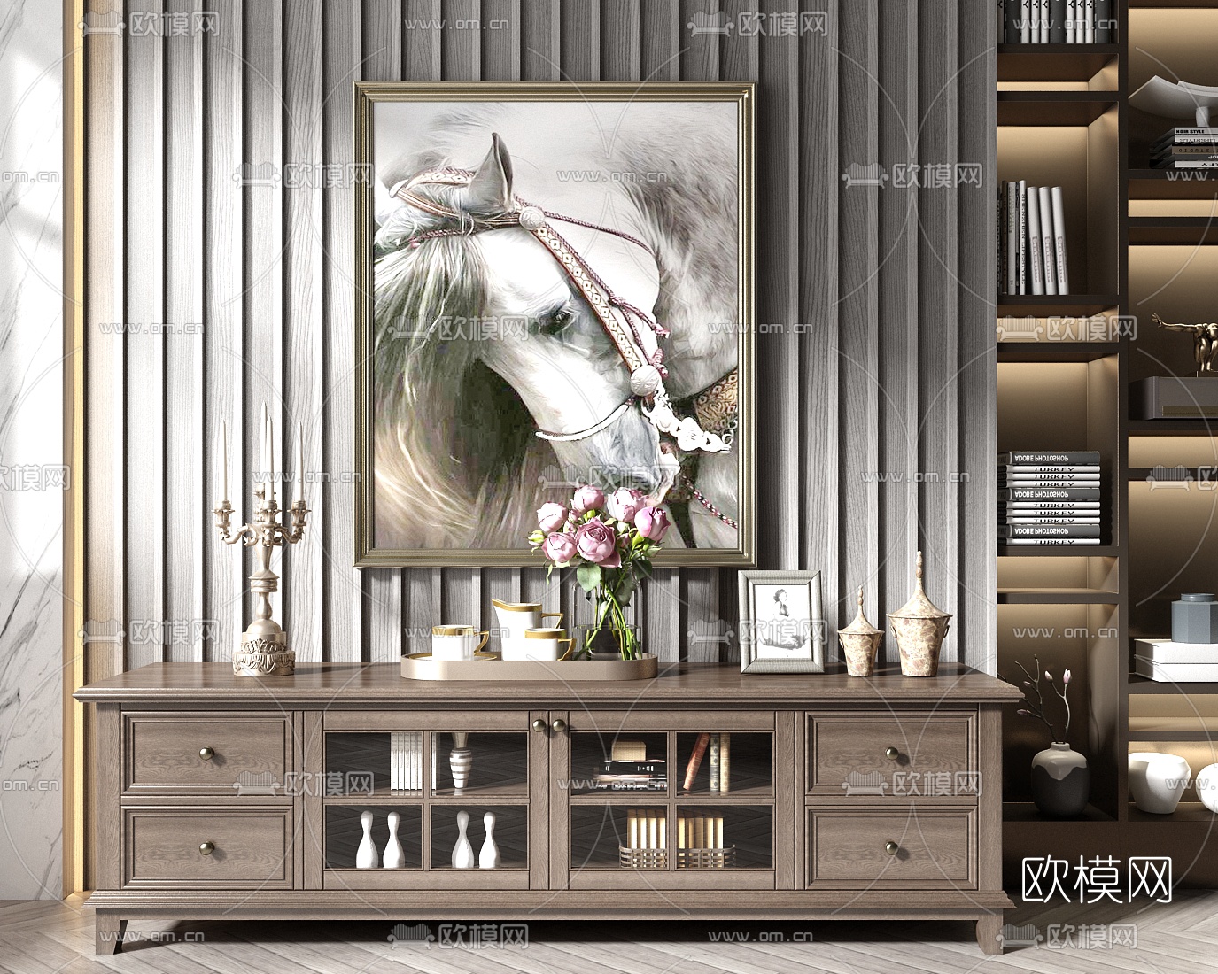 美式实木电视柜3d模型下载