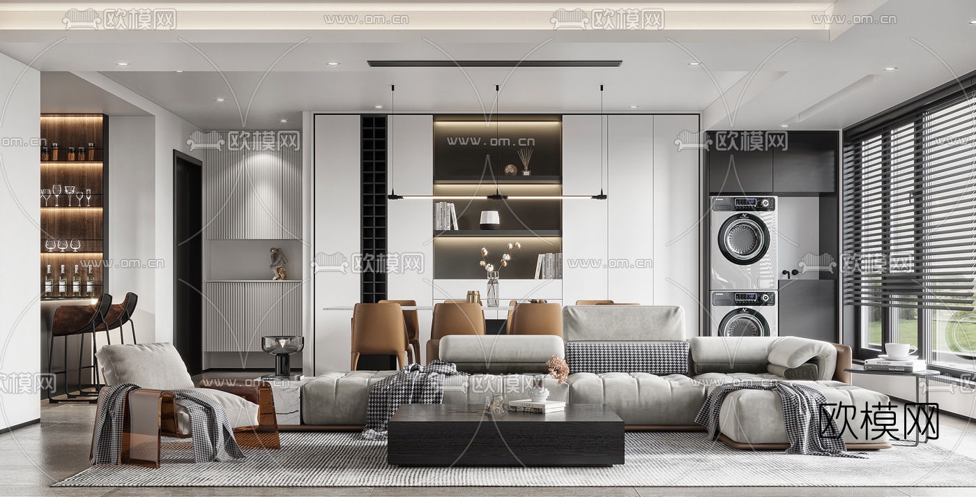 现代布艺转角沙发组合3d模型下载（渲染图1）