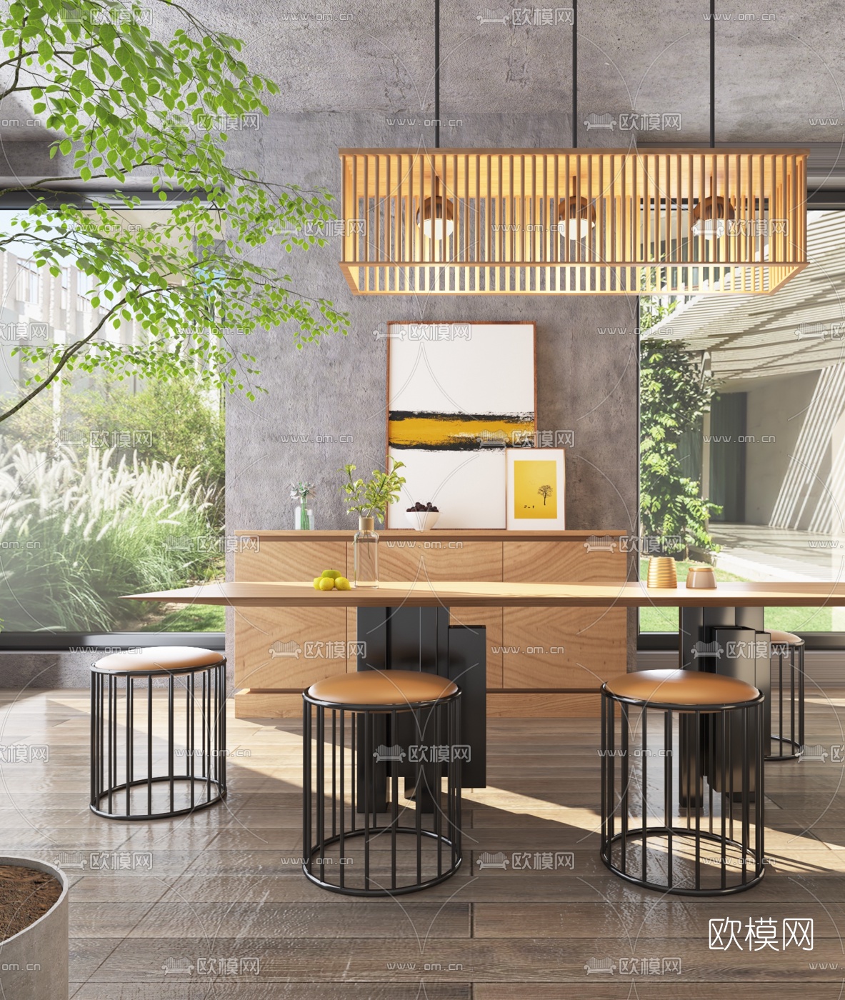 工业风原木餐桌椅su模型下载（渲染图2）