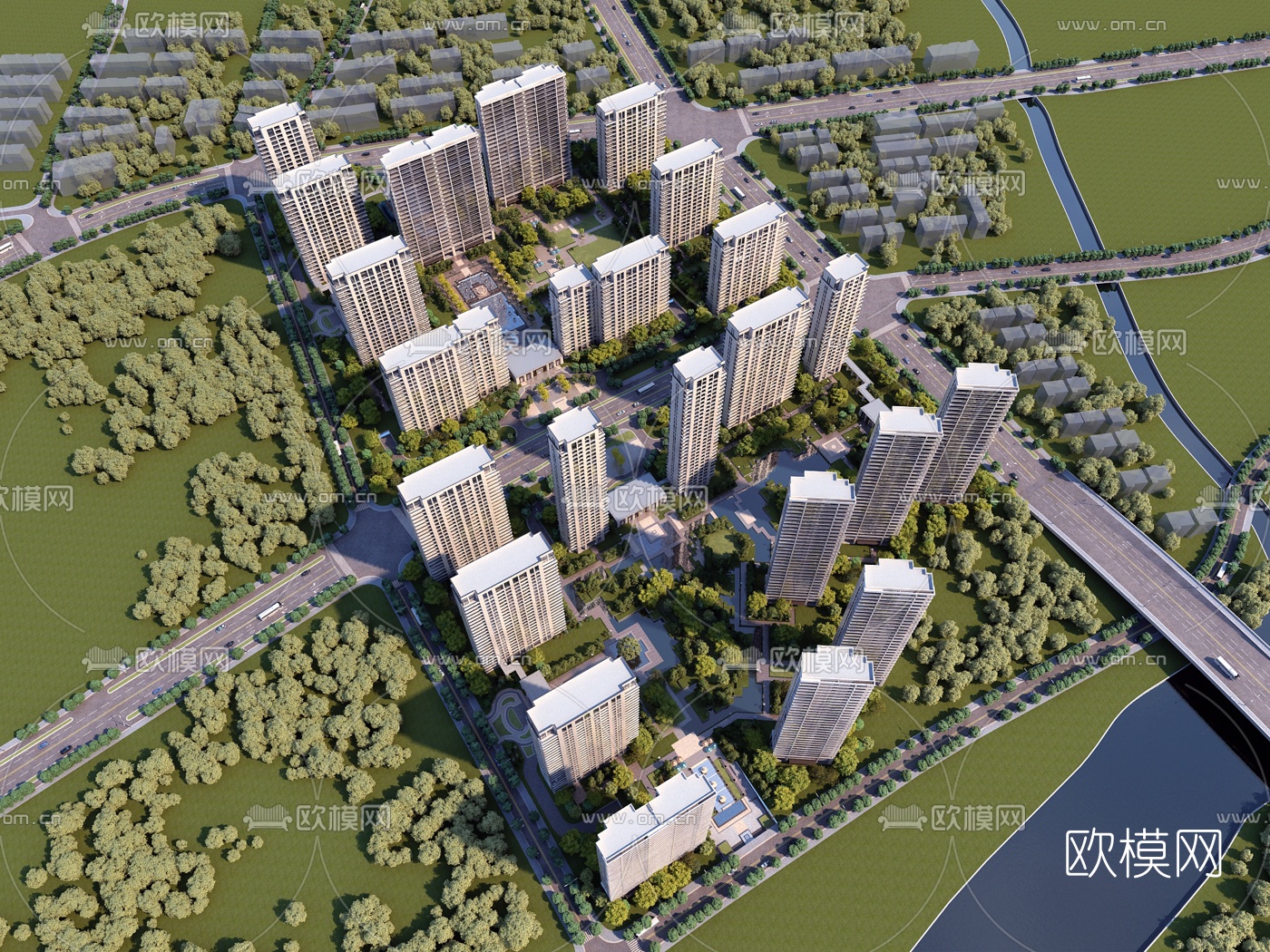 现代住宅小区鸟瞰3d模型下载