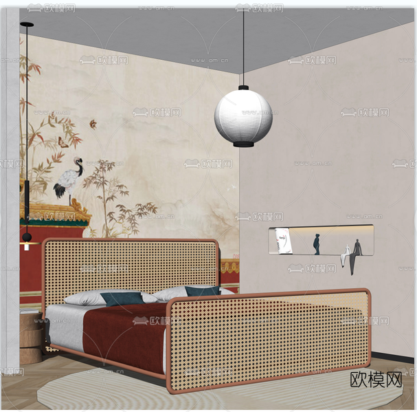 新中式卧室su模型下载