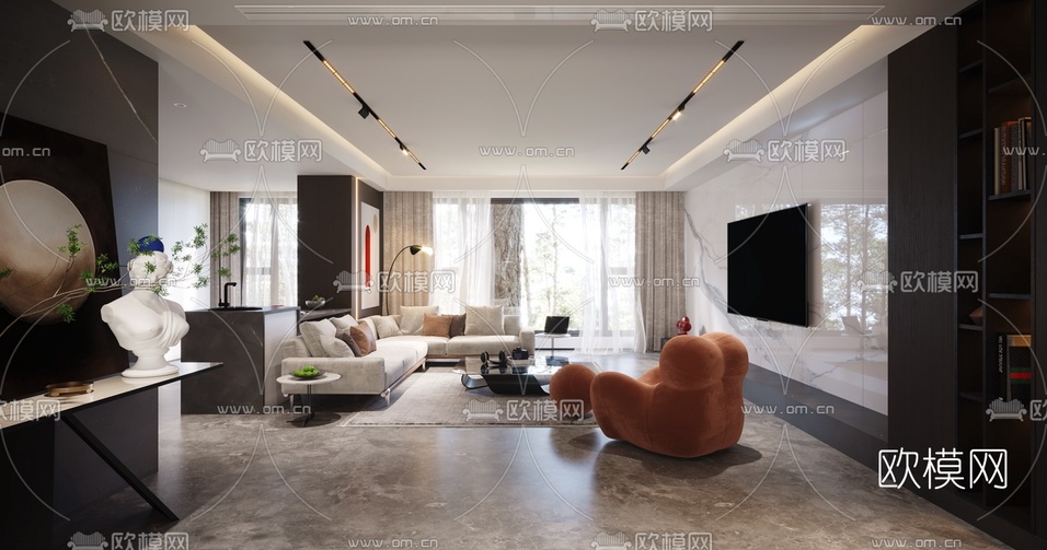 现代客厅餐厅3d模型下载(渲染图2)