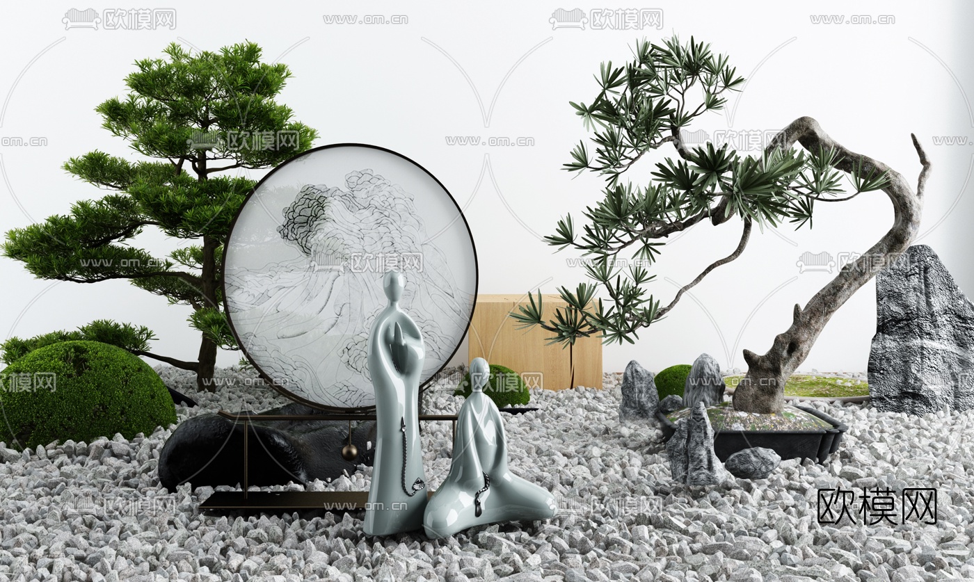 新中式禅意松树景观小品3d模型-免费3dmax模型库-欧模网