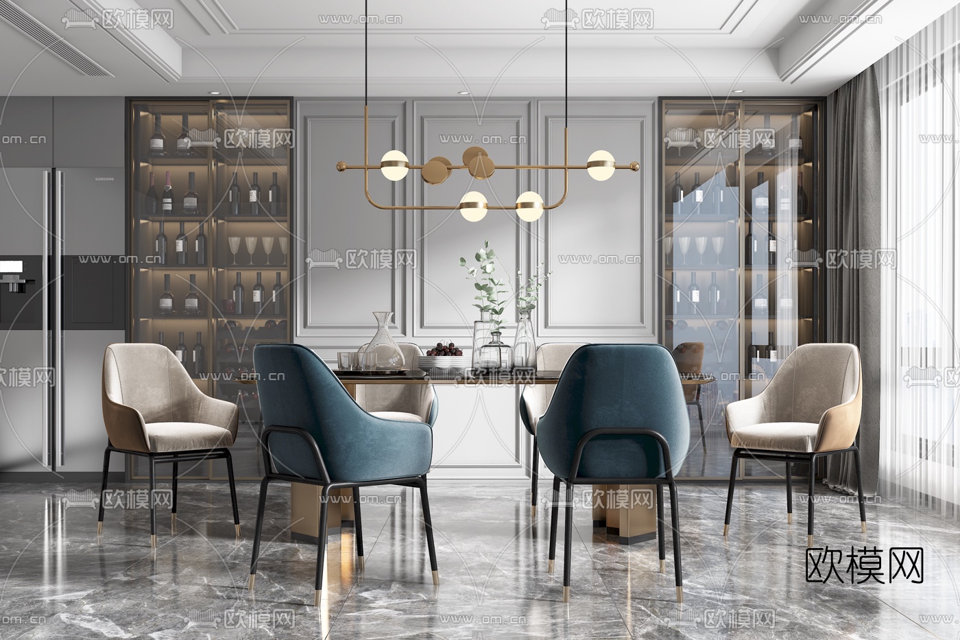 现代轻奢餐桌椅3d模型下载（渲染图1）