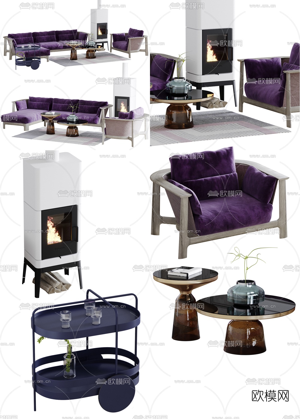 北欧绒布沙发组合3d模型下载